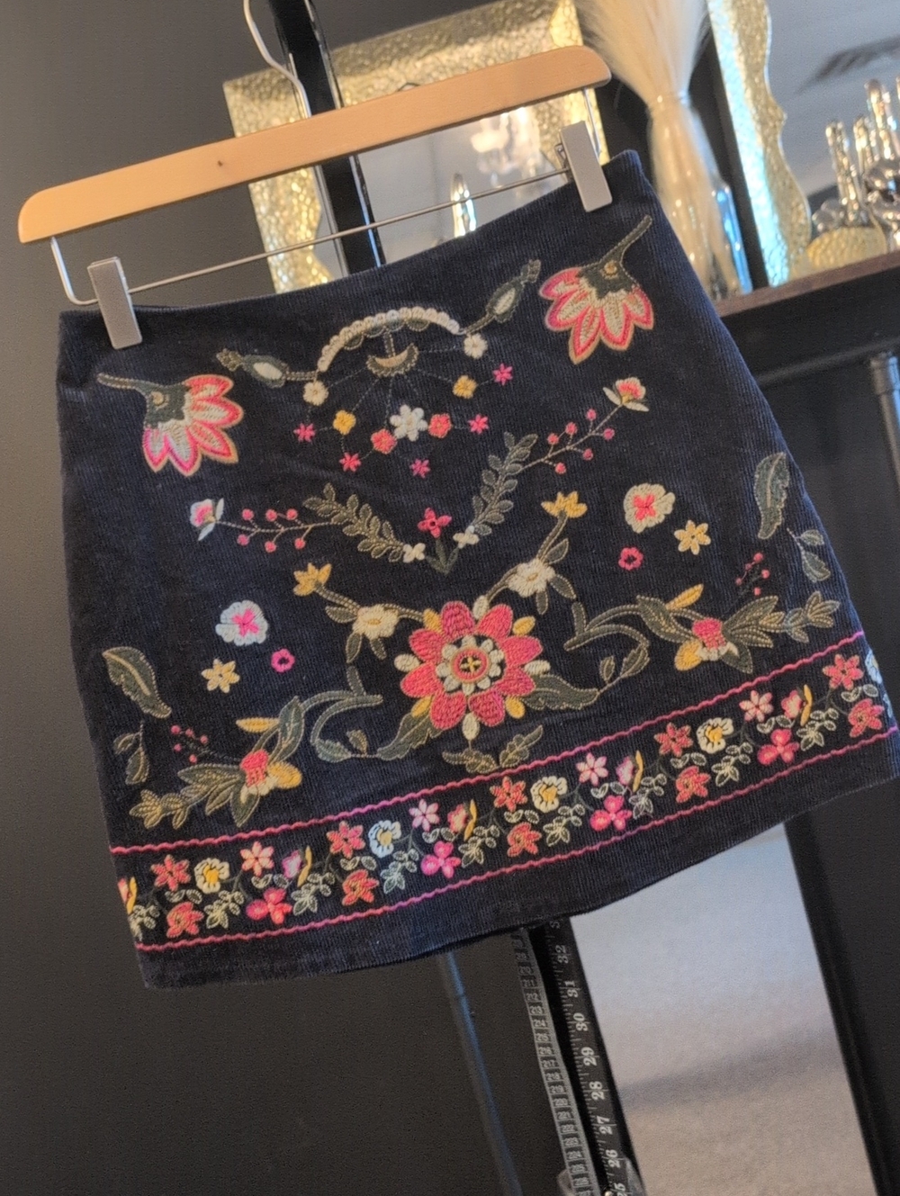 Harper Navy Mini Skirt with Pink & Yellow Floral Embroidery